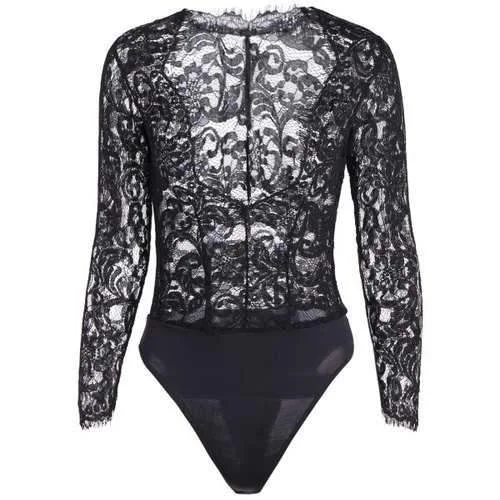 Long Sleeves Plunging Neck Sheer Lace Bodysuit - Black L Trendy Scoop Neck Bodysuit