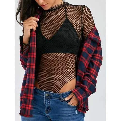 See Through Mesh Bodysuit - Black M Comfortable Ribbed Bodysuit