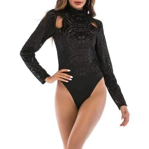 FRENCH BAZAAR High Neck Long Sleeve Bodysuit - Black S Trendy Lace-Up Bodysuit