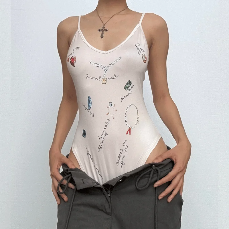 V neck backless print cami bodysuit Trendy Bodysuit with Cutouts