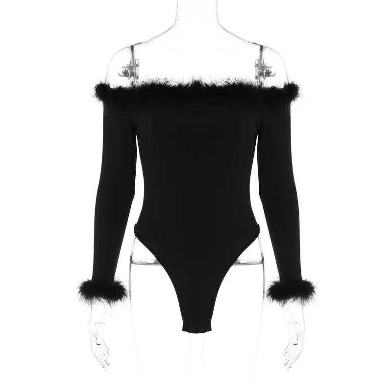 Women Personality Off-Shoulder Long Sleeve Solid Color Tight Bodysuits Elegant Lace Bodysuit for Evening