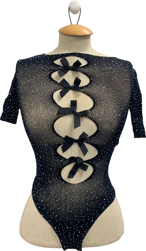 Ciberia Black Bow Back Bodysuit One Size Stylish Bodysuit with Cross Front