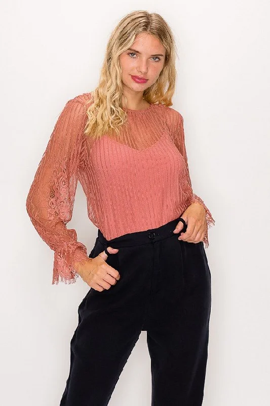Lace Trim Shadow Stripe Bodysuit Elegant Long Sleeve Bodysuit