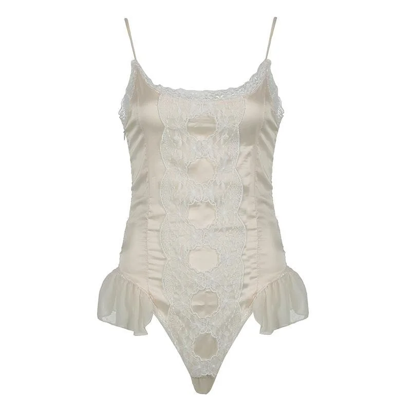 Lace patchwork satin ruffle cami bodysuit Fashionable Slim Fit Bodysuit