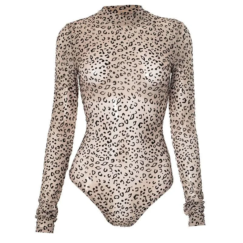 Long sleeve leopard print button sheer mesh bodysuit Elegant Button-Up Bodysuit