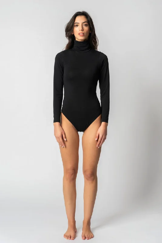 Longsleeve Bodysuit Black Stylish Mesh Bodysuit with Straps