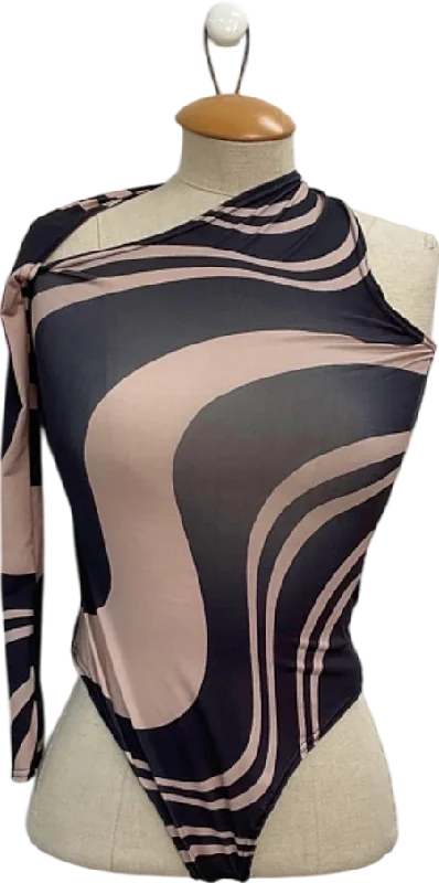 PrettyLittleThing Black Swirl Print One Shoulder Bodysuit UK 14 Fashionable Bodysuit with Button Front PrettyLittleThing Black Swirl Print One Shoulder Bodysuit UK 14 Fashionable Bodysuit with Button Front