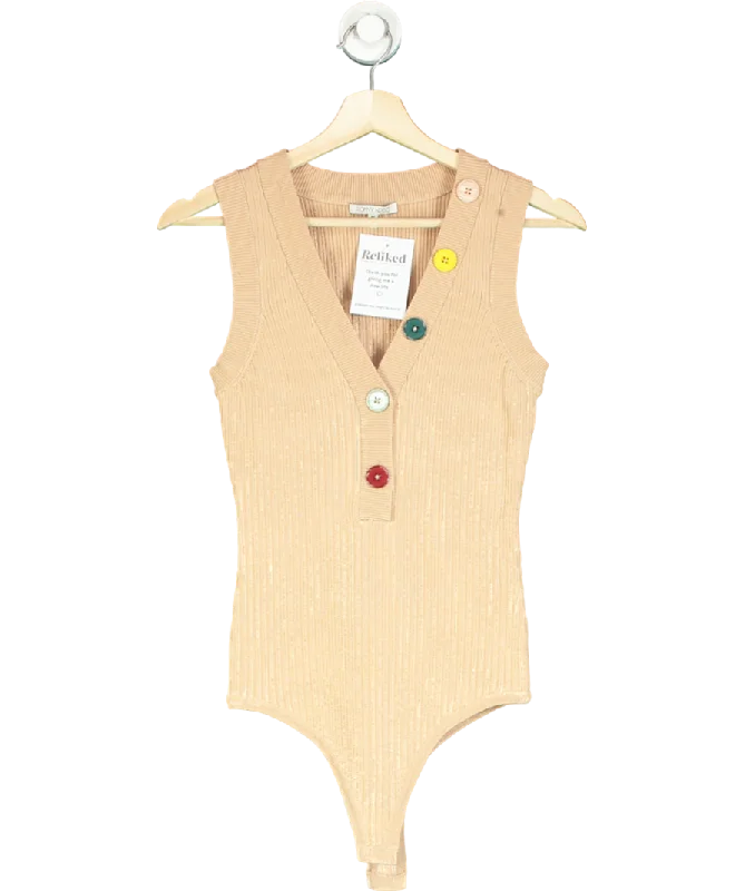 Ronny Kobo Beige Romy Button-detail Bodysuit UK M Comfortable Bodysuit with Thong Back Ronny Kobo Beige Romy Button-detail Bodysuit UK M Comfortable Bodysuit with Thong Back
