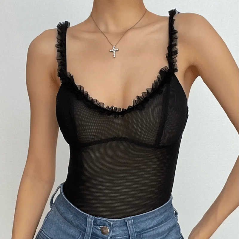 Sheer mesh ruffle see through v neck solid sleeveless bodysuit Stylish Mock Neck Bodysuit Sheer mesh ruffle see through v neck solid sleeveless bodysuit Stylish Mock Neck Bodysuit