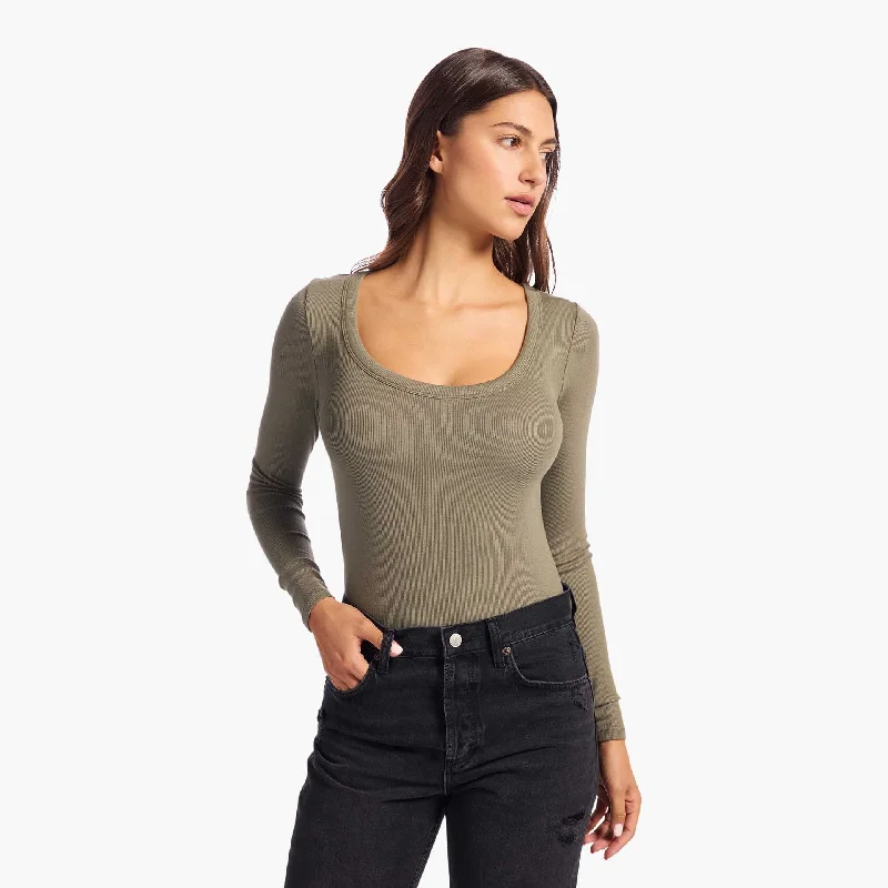 Slinky Rib Long Sleeve Bodysuit | Olive Chic Off-Shoulder Bodysuit