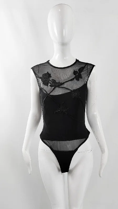 Tadashi Shoji Vintage Semi Sheer Bodysuit, 1990s Fashionable Slim Fit Bodysuit