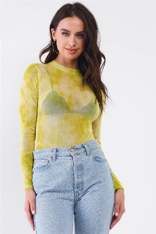 Neon Green Sexy Sheer Mesh Long Sleeve Mock Neck Bodysuit Trendy Mesh Bodysuit