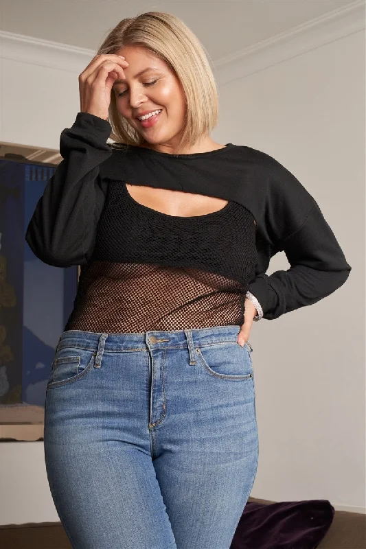 Plus Black Raw Hem Long Sleeve Crop Overtop & Beach Net Sheer Bodysuit Two-piece Set Stylish Bodysuit with Adjustable Straps Plus Black Raw Hem Long Sleeve Crop Overtop & Beach Net Sheer Bodysuit Two-piece Set Stylish Bodysuit with Adjustable Straps