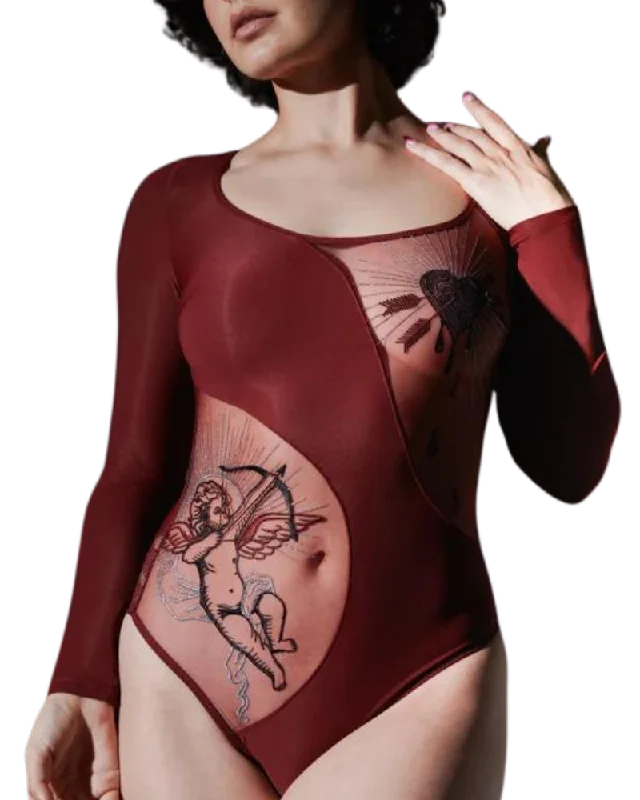 Heartbreaker Bodysuit, Burgundy Fashionable Square Neck Bodysuit