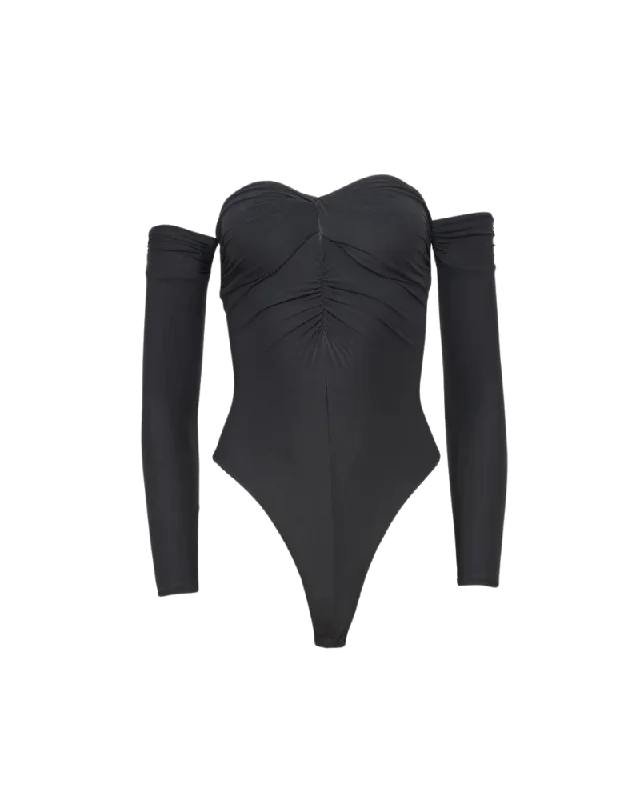 Jersey Ruched Bodysuit, Black Trendy Bodysuit with Back Tie