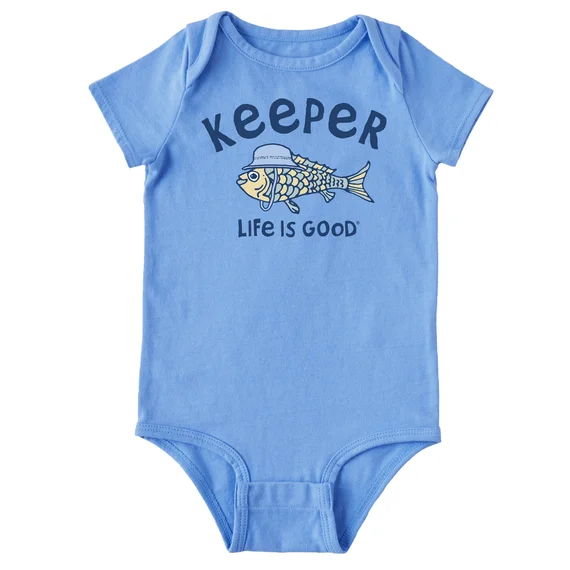 Life is Good. Baby Keeper Fish Hat Crusher Bodysuit, Cornflower Blue Comfortable Lace Bodysuit Top