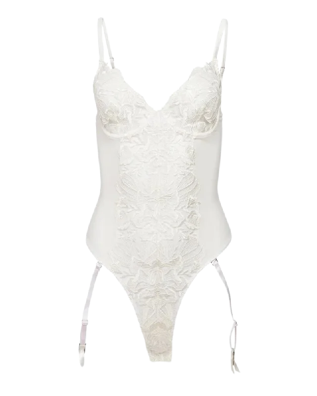 Lola Bow Embroidery Bodysuit, Ivory Stylish Low-Cut Bodysuit