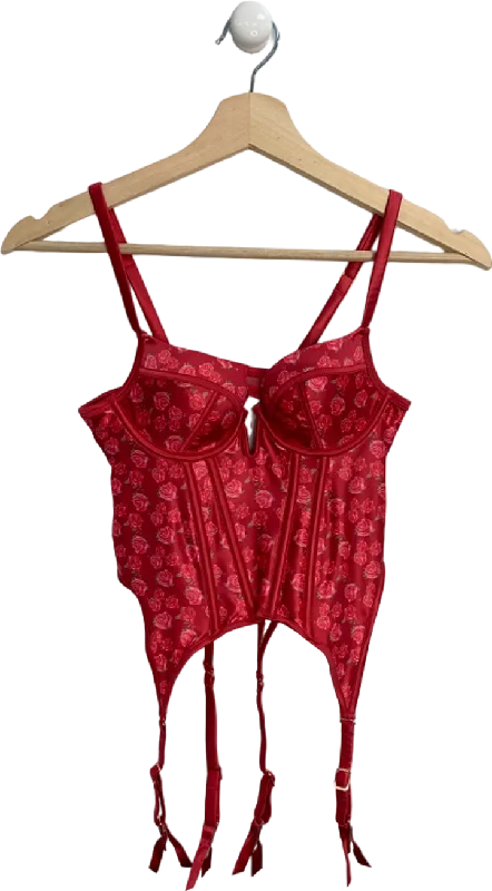 Lounge Red KAIA Floral Bodysuit with Suspenders XS, M Trendy Sheer Lace Bodysuit