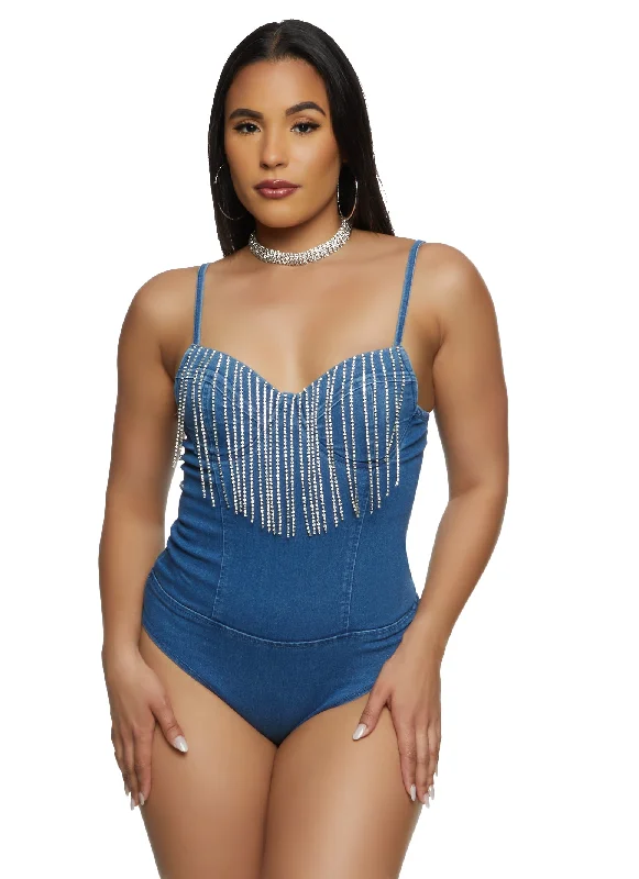 Haute Monde Rhinestone Fringe Denim Bodysuit Comfortable Bodysuit with Long Sleeves