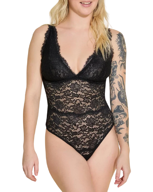 Pret A Porter Lace Bodysuit, Black Trendy Seamless Bodysuit for Comfort