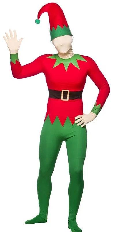 Men's Elf Skin Bodysuit Santas Helper Christmas Costume + Hat Cozy Fit Bodysuit