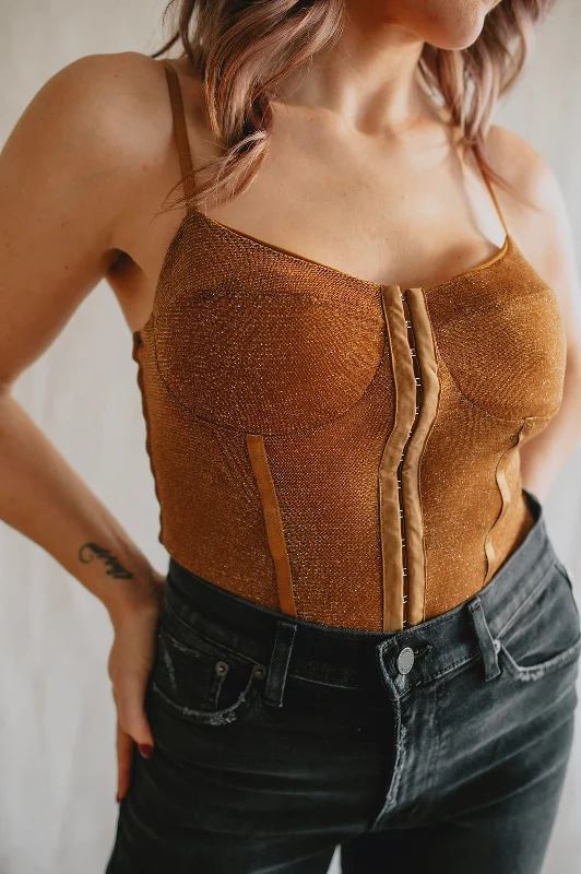 The Shimmer Night Rhythm Bodysuit by Free People - Bronze Trendy High-Neck Bodysuit