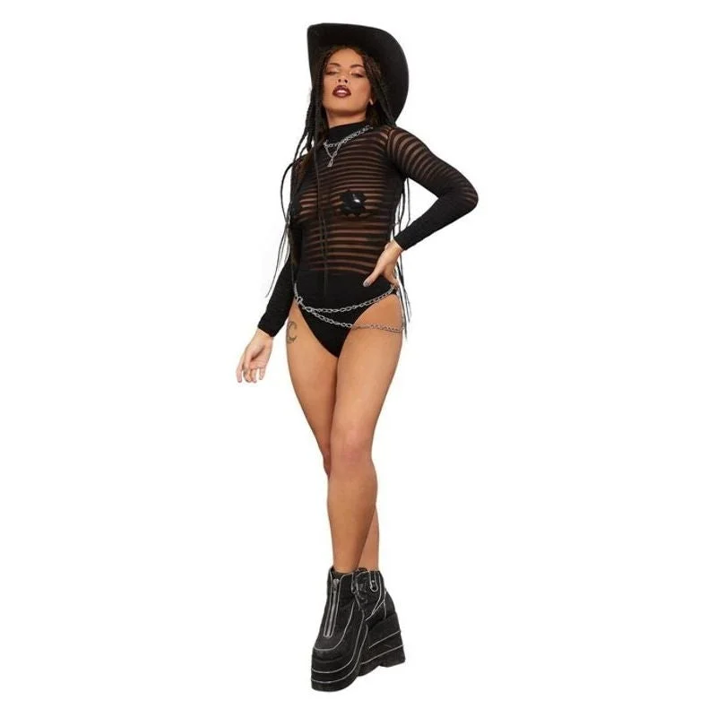 Fever Long Sleeve Striped Bodysuit Black Elegant Bodysuit with Pleated Detail