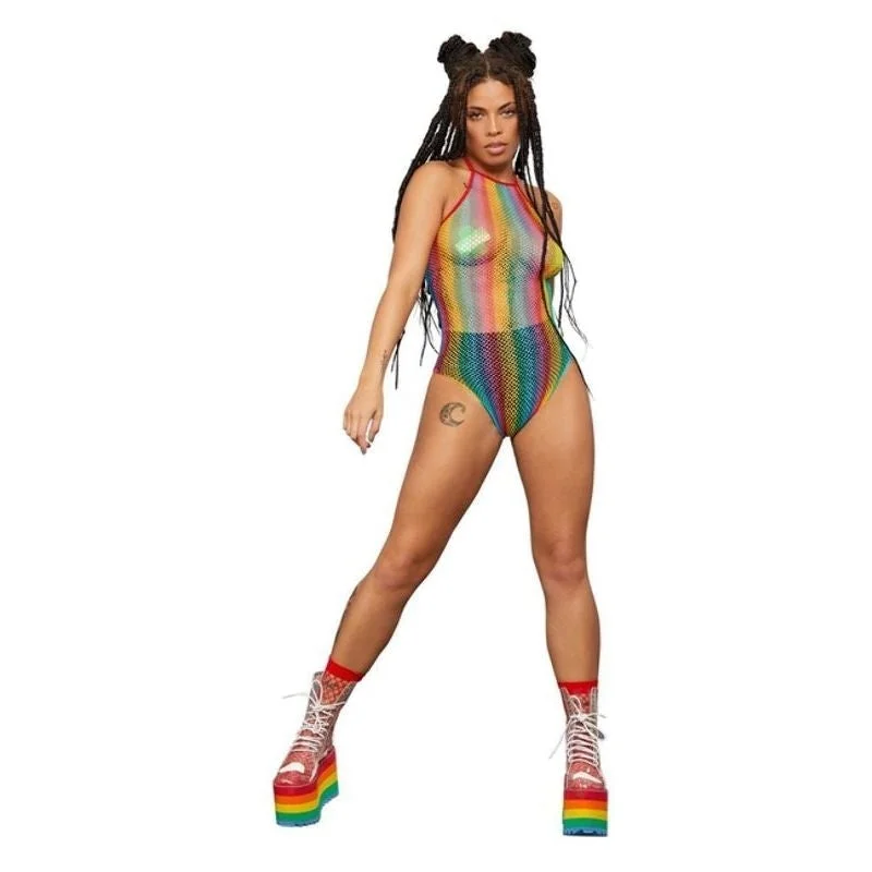 Fever Rainbow Fishnet Halterneck Bodysuit Pride Outfit Fashionable Sleeveless Bodysuit with Buttons