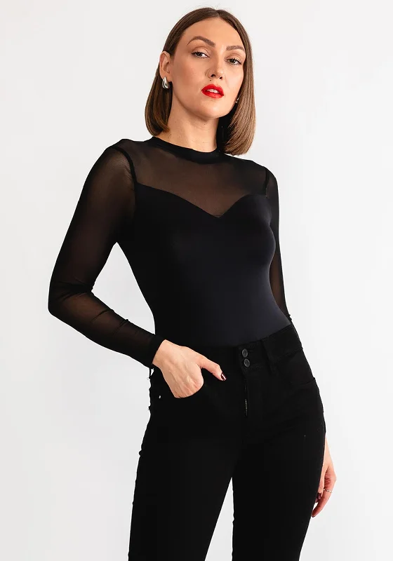 Pieces Milly Mesh Sleeve Bodysuit, Black Trendy Bodysuit with Tulle