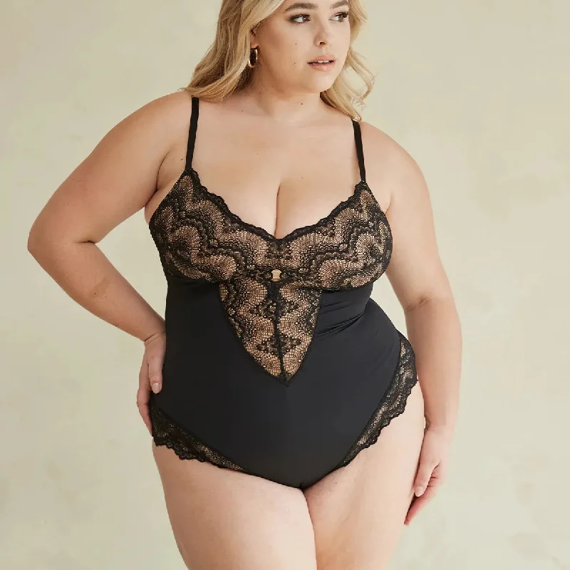 Pinsy Shapewear Sculpting Lace Shapewear Bodysuit in Black Elegant Lace Bodysuit for Evening