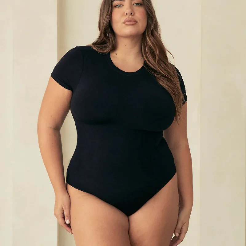 Pinsy Shapewear Short Sleeve Butter Sculpt Seamless Shapewear Bodysuit in Black Trendy Off-Shoulder Bodysuit