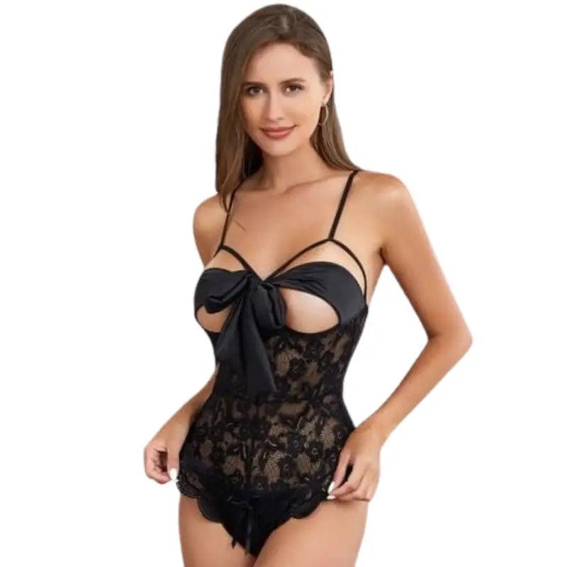 Women Deep V Halter lace bow Lingerie bodysuit Teddy 1 Piece Bodysuit Elegant Bodysuit with Chiffon