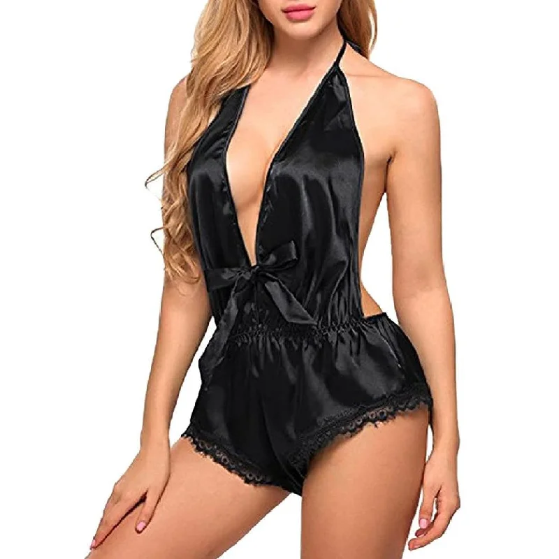 Womens Silk Lingerie Bodysuit One Piece Babydoll Sleepwear Halter Deep V-Neck Nightwear Comfortable Full-Sleeve Bodysuit