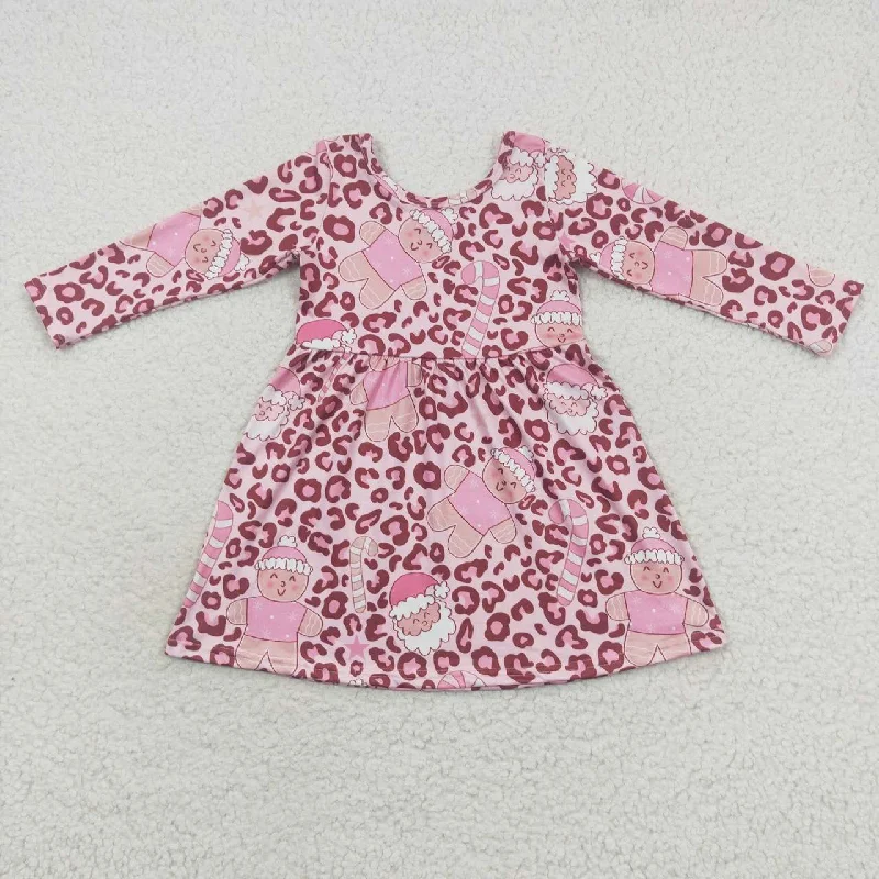 GLD0327 Gingerbread Man Santa Leopard Pink Long Sleeve Bodysuit Trendy Bodysuit with Halter Neckline