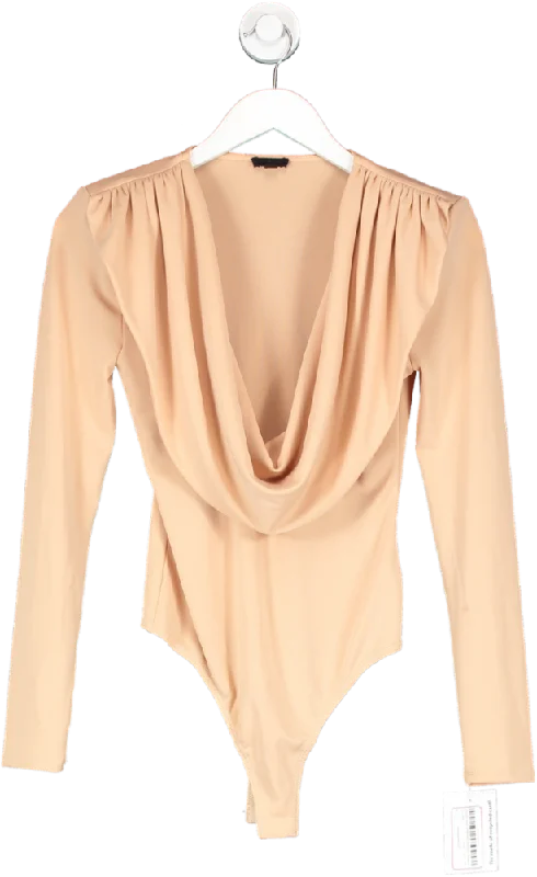 NBD Beige Cowl Neck Bodysuit UK XS Trendy Off-Shoulder Bodysuit