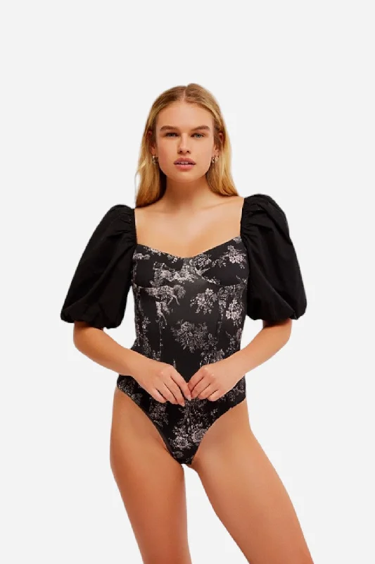 Free People Prairie Rose Bodysuit Black Combo Fashionable Bodysuit with Frill Detail